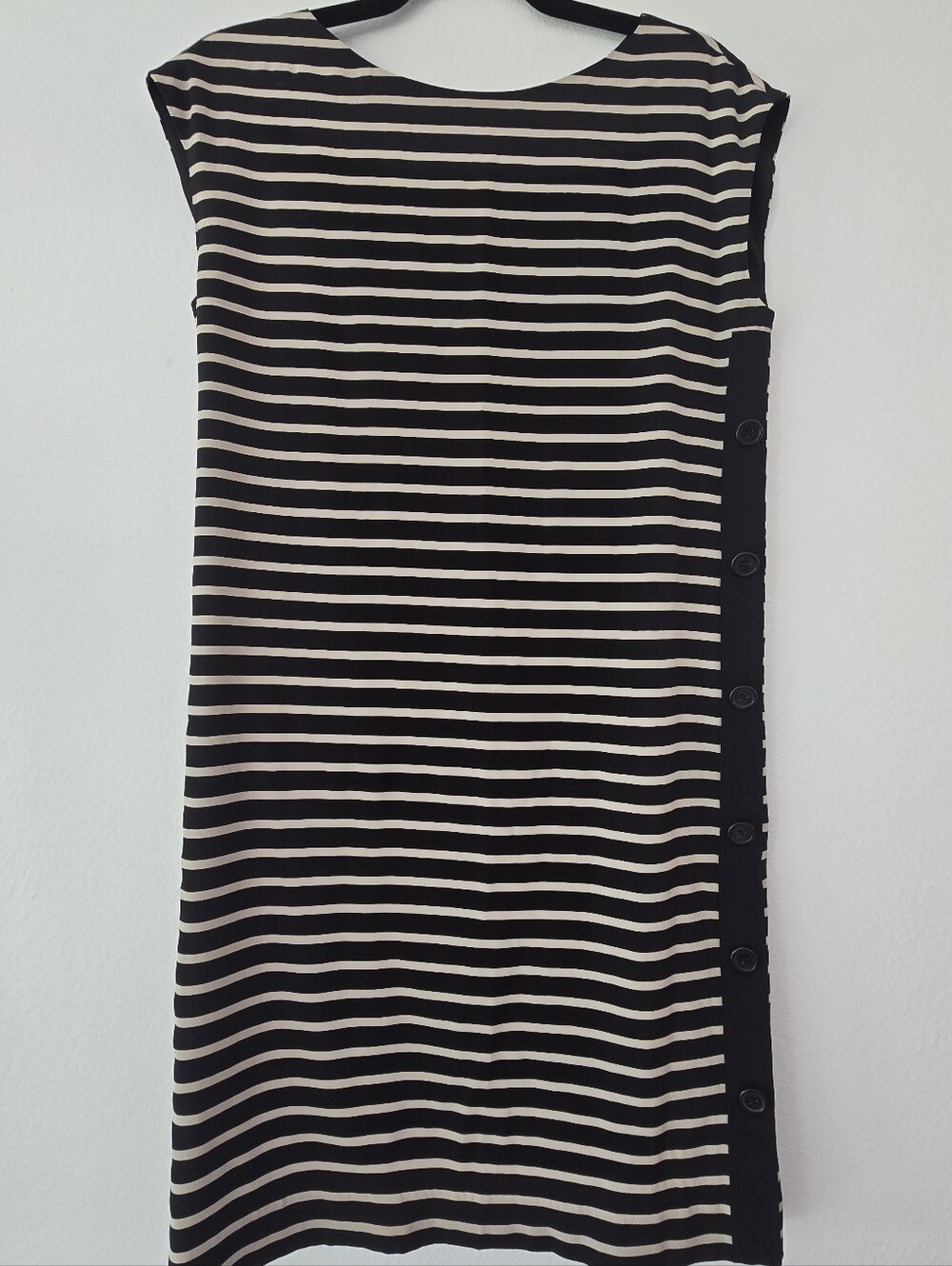 DKNY Silk Striped Black & Tan Button-Trim Shift Dress